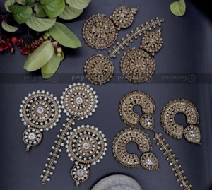Neu Indisch Pakistanisch Ohrring Tikka Set Schmuck Kopf Kette Tikah Jhumkas Jhumki - Bild 1 von 36