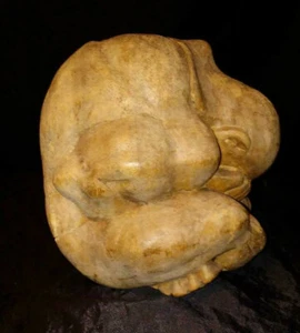 UNUSUAL EXPRESSIONIST WOOD SCULPTURE "SORROW" HAND CARVED SPHERE HUMAN FIGURE - Picture 1 of 12
