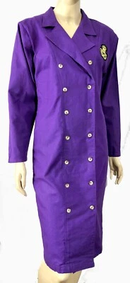 Vintage 80s Shift Dress NOS Purple Button Down Double Breasted Crown Applique M - Image 1 of 4