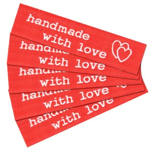 5 parches etiquetas textiles ""hecho a mano con amor"" rojo-blanco" - Imagen 1 de 1