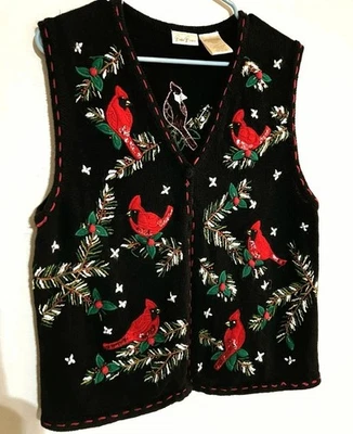 Chaleco de Navidad vintage Bobbie Brooks CARDINAL & ACEBO BORDADO ¡Talla 16/18! Foto 1 de 4