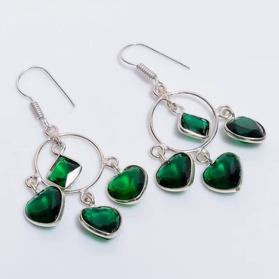 Pendientes de plata de ley 925 hechos a mano con piedras preciosas de diopsido estilo étnico 2,1" Z939 Foto 1 de 4