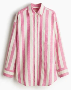 H&M OVERSIZED LINEN-BLEND SHIRT TOP BLOUSE PINK WHITE STRIPE LONG L LARGE - Picture 1 of 6
