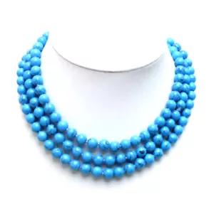 "Collar largo de piedra azul turquesa a rayas redondas de 8 mm para mujer 48" - Imagen 1 de 4
