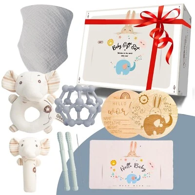 ESUN Geschenke zur Geburt Junge, Baby Geschenk 6-in-1-Set- Rassel, Lätzchen