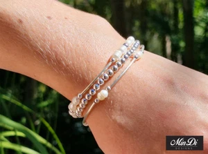 Handmade Stackable Stretch Bracelets With Sterling Silver & Freshwater Pearls - Picture 1 of 11