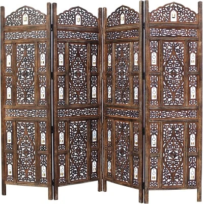 Room Divider Wood Screen Ghanti Bells Antique Brown  4 Panel Folding 72 X 80 USA - Image 1 of 4