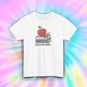 Teach Love Inspire Apple Books Pencil Cute Teacher Gift T-Shirt S-5XL - Picture 1 of 13