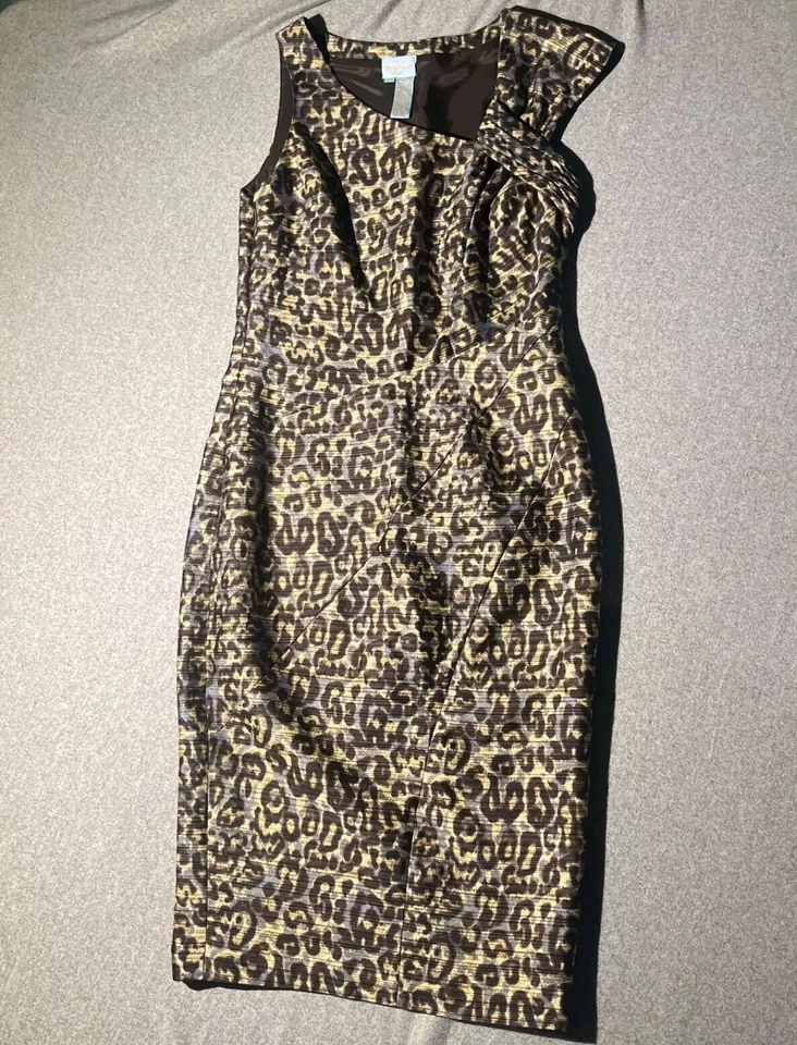 Tracy Reese Sheath Dress Size 4 Brown Leopard Print Midi Sleeveless Wool Silk - Image 1 of 4