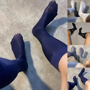 Stretchy Shiny Sheer Mesh Oil Socks Mens Over The Calf Stockings Navy Blue - Picture 1 of 29