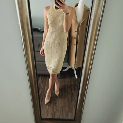 Elie Tahari Crochet Knit Gold Dress Size S Foto 1 de 4