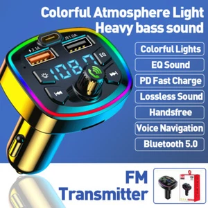 Bluetooth 5.0 Car Wireless FM Transmitter Adapter 2USB PD Charger MP3 Hands-Free - Picture 1 of 15