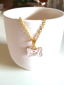 🎀Cute Pink Polka Dot Bow Charm Pendant Gold Plated Necklace🎀 - Picture 1 of 7