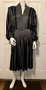 NEW Vintage 1980s Pauline Trigeré Pinstripe 100% Silk Black Gold Dress Sz 12 L - Picture 1 of 7