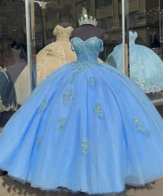 Небесно-голубой Quinceanera платья с плеча аппликации сладкий 15 16 вечеринки бальные платья - Изображение 1 из 4