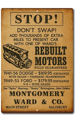 Classic Montgomery Ward Rebuilt Motor Ad. Vintage Look  Bar Workshop Garage - Image 1 of 4