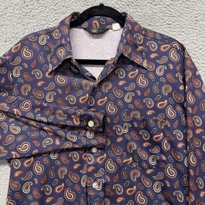 Vtg JC Penny Disco Shirt Mens L Blue Paisley Permanent Press Retro Daggar Collar - Picture 1 of 12