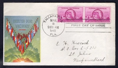 USA 1945 FDC Cover. Florida Centennial. VICTORY Patriotic Cachet by HG - Image 1 of 2