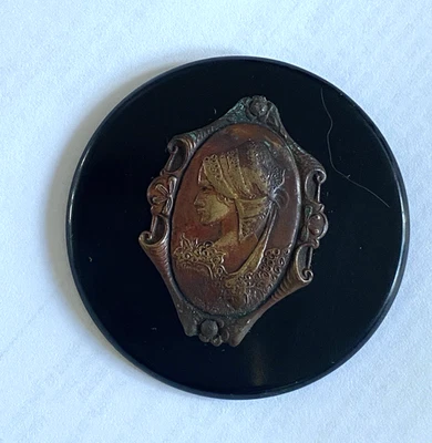 LARGE Victorian Antique Art Nouveau BLACK  CAMEO BUTTON Plastic & Metal Q 411 - Image 1 of 4