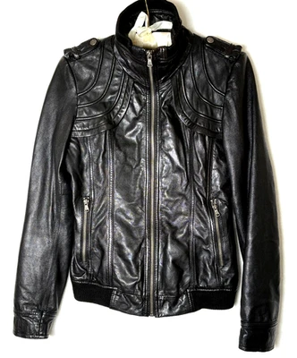 Guess Womens S Black Leather Bomber / Motorcycle Jacket Vintage Y2K Goth Grunge - Image 1 of 4