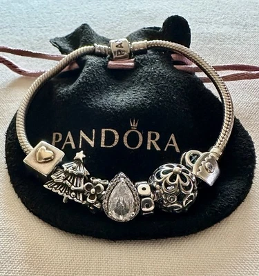 PANDORA ALE .925 SILVER CHARM BRACELET W/ 7 ALE (14k Heart) PANDORA CHARMS 7.5” - Image 1 of 4