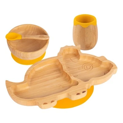 4pc Tiny Dining Gelb Dinosaurier Bambus Baby-Fütterungsset Entwöhnung Teller - Bild 1 von 4