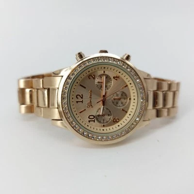 Pulsera Geneva Tono Oro Rosa #11184 Estrás Acero Inoxidable Trasero Cuarzo Foto 1 de 4