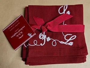 4 NEW Pottery Barn Christmas fa la la Cocktail Napkins red w/ white stitching - Picture 1 of 7