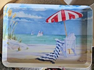 Melplus Strandszene Tablett Paul Brent Melamin Sonnenschirm Stuhl Segelboote Stranddüne - Bild 1 von 3