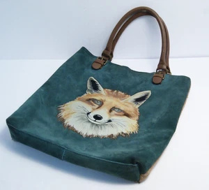 Anthropologie Miss Albright Tote Garden Guest Fox Bag Green Suede Tweed Preppy - Picture 1 of 15