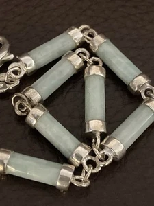 Pretty Sterling Silver Light Jade Or Jadeite Cylinder Bracelet - Picture 1 of 6