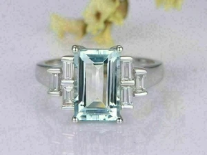 3Ct Emerald Cut Aquamarine Diamond Solitaire Engagement Ring 14K White Gold Over - Picture 1 of 6