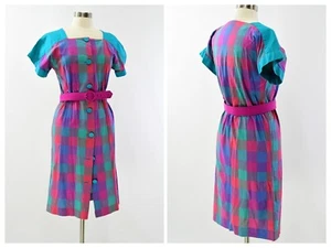 60s Vintage Bright & Bold Turquoise & Pink Square Neck Belted Shirt Dress Cotton - Picture 1 of 5