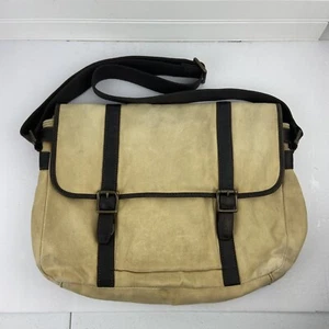 Fossil Estate Heavy Tan Canvas Messenger Laptop Commuter Bag Leather Distressed - Picture 1 of 17
