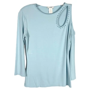 Cache Small Top Knit Light Baby Blue Rhinestones Cut Out Cold Shoulder Y2K 1348 - Picture 1 of 10