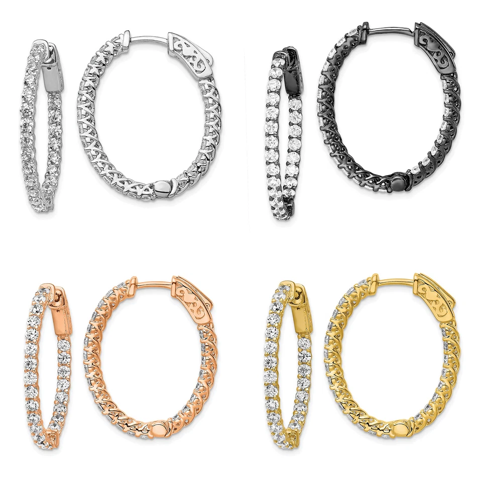 Argento Sterling 2.25mm Zircone Cubico 30mm IN & Fuori Ovale Cerchio Orecchini - Immagine 1 di 1