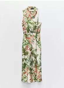ZARA NWT WOMAN SS24 TROPICAL PRINT MIDI DRESS ECRU GREEN 3535/216 SIZE M - Picture 1 of 7