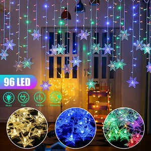 96LED Snowflake Fairy String Lights Curtain Window 8 Modes Christmas Party Decor - Picture 1 of 16