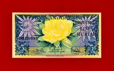 5 Rupiah LIMA RUPIAH 1959 Indonesia UNC Note (Pick-65a.2) FLOWERS & HUMMINGBIRDS - Image 1 of 2