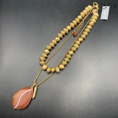 Chicos 分层宝石项链玛瑙吊坠哑光金色串珠波西米亚全新带标签 — 第 1/4 张图片