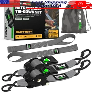 Heavy Duty Retractable Ratchet Straps 2 In 10 Feet Self Retracting Tie Downs New - Picture 1 of 6