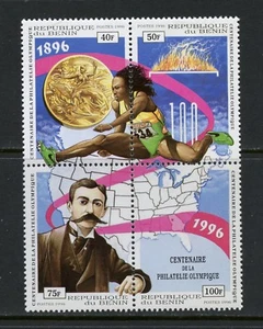 L145 Benin 1996 #864 Olympics hurdling Coubertin maps block MNH - Picture 1 of 1