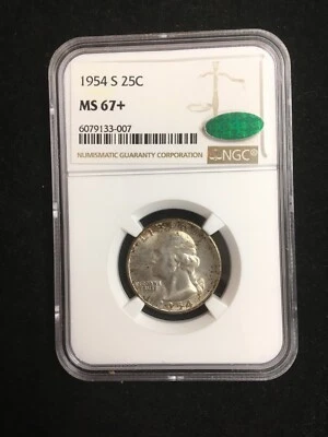1954S MS67+ NGC Certified Washington Silver Quarter w/ GREEN CAC - Image 1 of 4