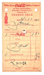 1941 Quittung Coca-Cola Soda Pop Ephermera Wilkes-Barre Bottling Co. Hazleton PA - Bild 1 von 4