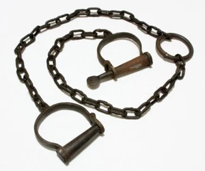 50" Antique Handcuff Reproduction Working Iron Prisoner Leg Transfer Shackles - Picture 1 of 5
