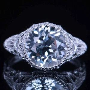 Sale White Topaz Round Engagement Setting Pave Diamond Fine 14K White Gold Ring - Picture 1 of 9