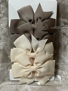Brown & Ivory Hair Bow Clip Grosgrain Ribbon Toddler Girl Hair Barrette Set - Picture 1 of 3