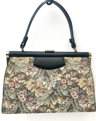 Bolsa Verdi Floral Tapeçaria Moldura Bolsa Acabamento Preto Rockabilly Granny Core Antiga - Imagem 1 de 4