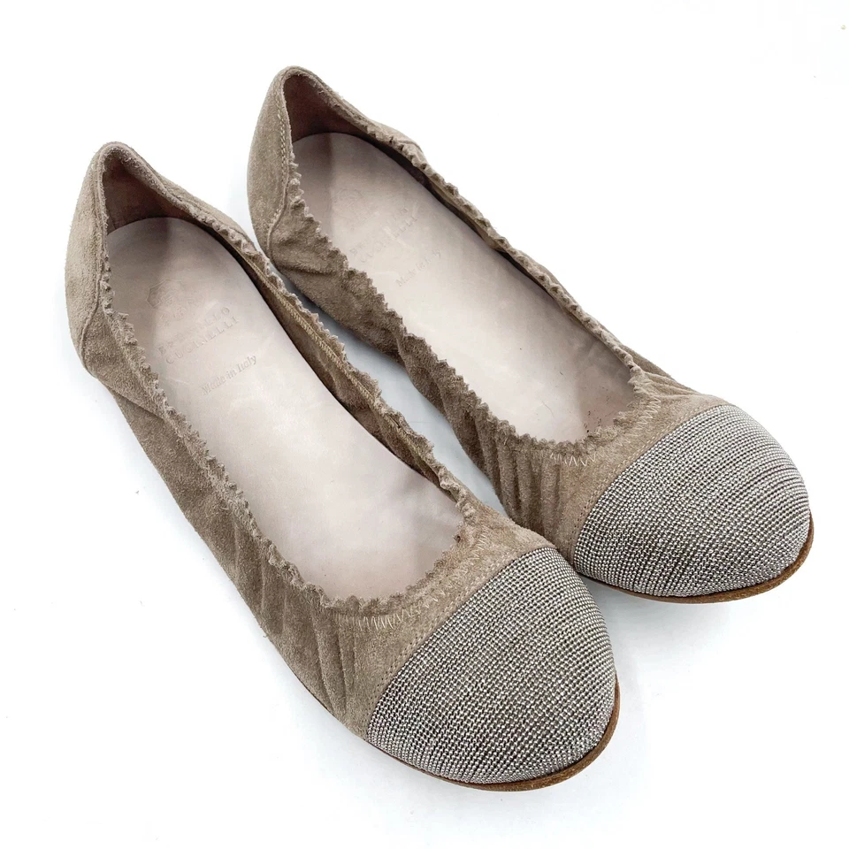 Brunello Cucinelli Ballet Pisos Taupe Gamuza Cuero Puntera Italia Talla 38.5 / 8.5 Foto 1 de 4