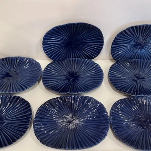 Set of 8 Bombay Company Oval Ribbed Optic Cobalt Blue Canape Plates 5.25”x7” - Picture 1 of 13